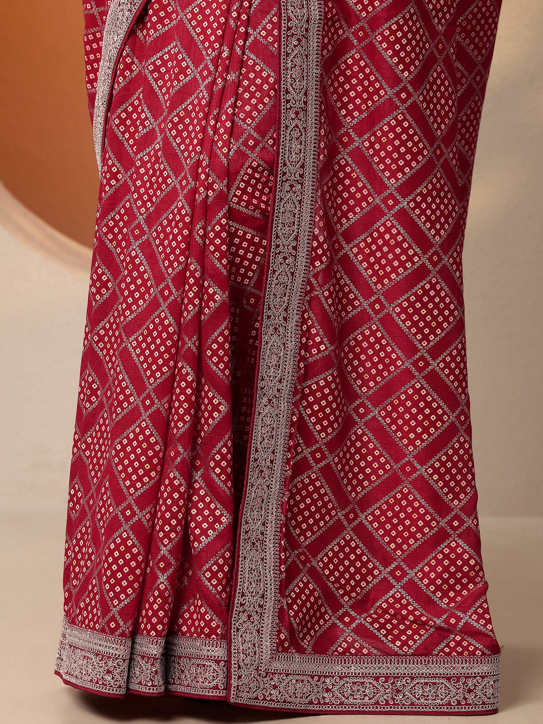  Red Bandhani Printed Silk Blend Saree With Unstitched Blouse Piece 
