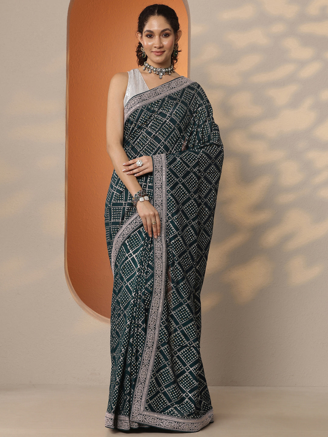  Teal Bandhani Printed Silk Blend Saree With Unstitched Blouse Piece 