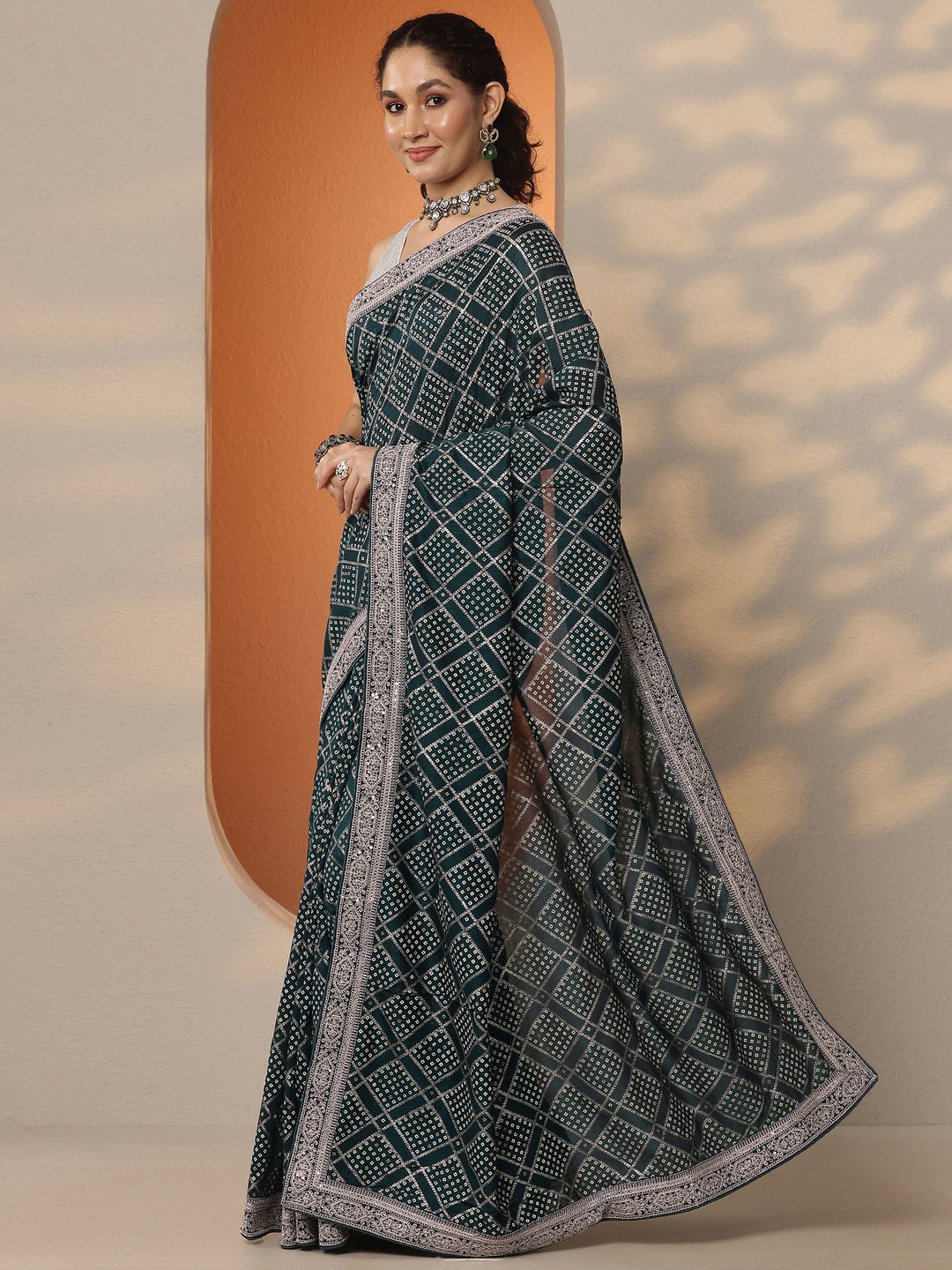  Teal Bandhani Printed Silk Blend Saree With Unstitched Blouse Piece 