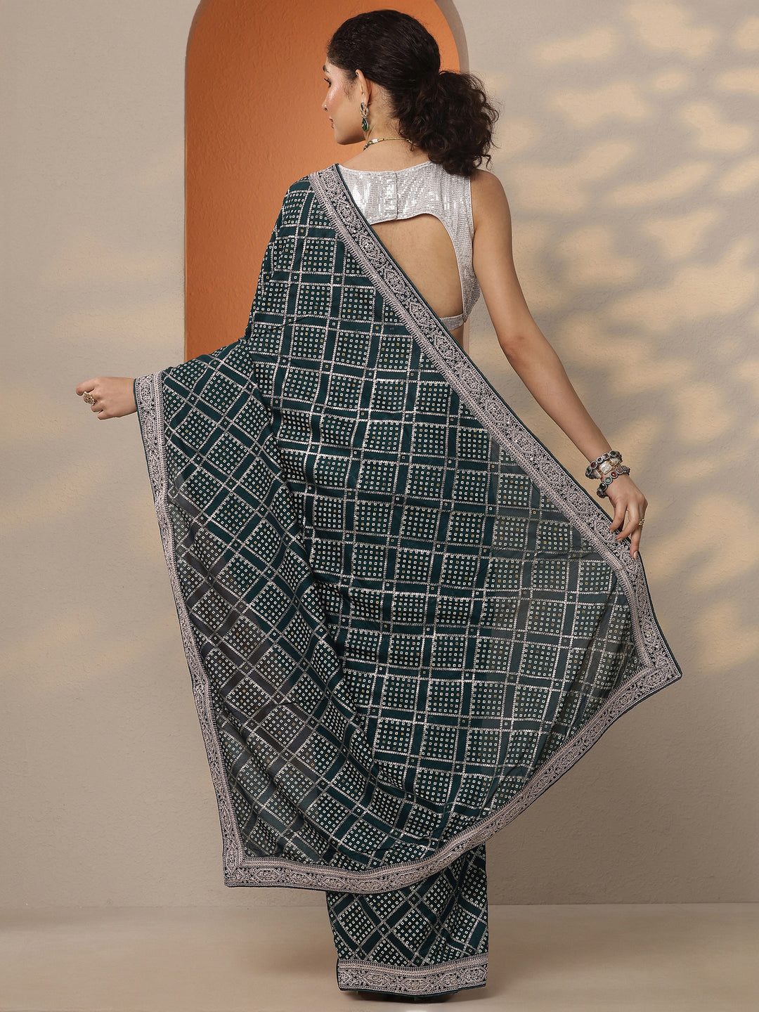  Teal Bandhani Printed Silk Blend Saree With Unstitched Blouse Piece 