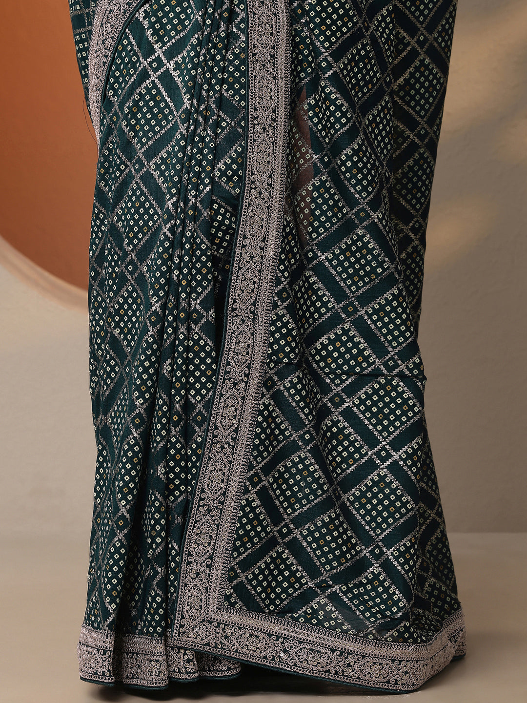  Teal Bandhani Printed Silk Blend Saree With Unstitched Blouse Piece 