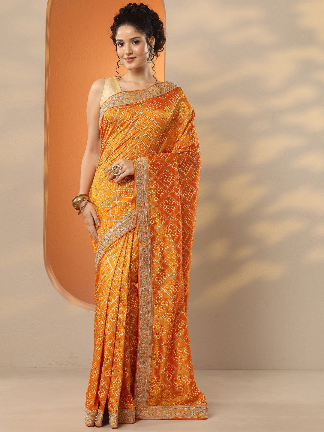  Orange Bandhani Printed Silk Blend Saree With Unstitched Blouse Piece 
