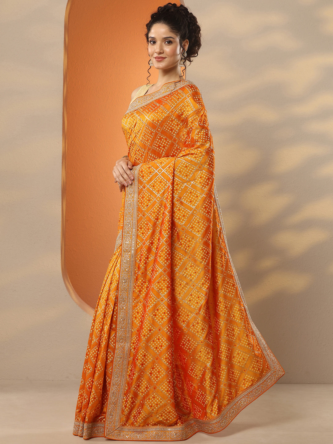  Orange Bandhani Printed Silk Blend Saree With Unstitched Blouse Piece 