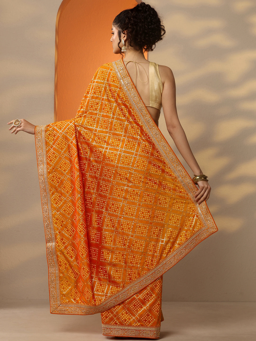  Orange Bandhani Printed Silk Blend Saree With Unstitched Blouse Piece 