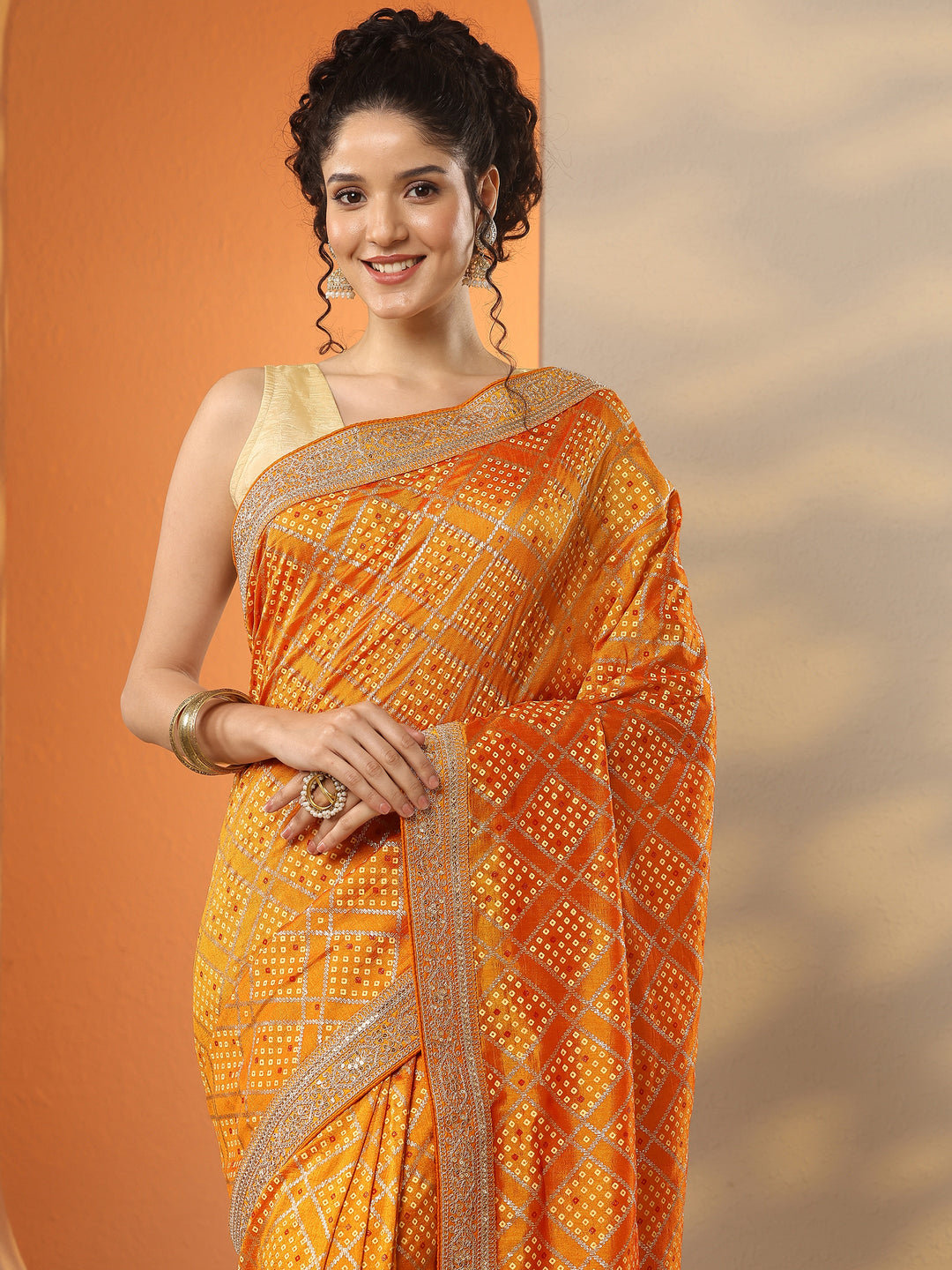  Orange Bandhani Printed Silk Blend Saree With Unstitched Blouse Piece 