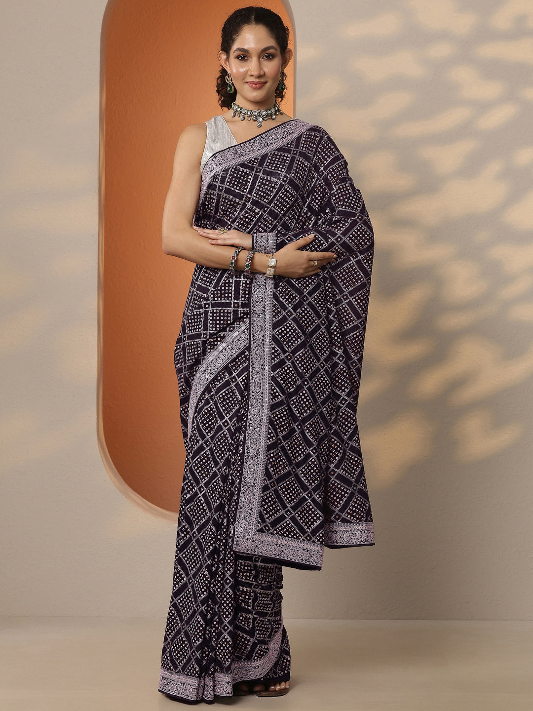  Purple Bandhani Printed Silk Blend Saree With Unstitched Blouse Piece 