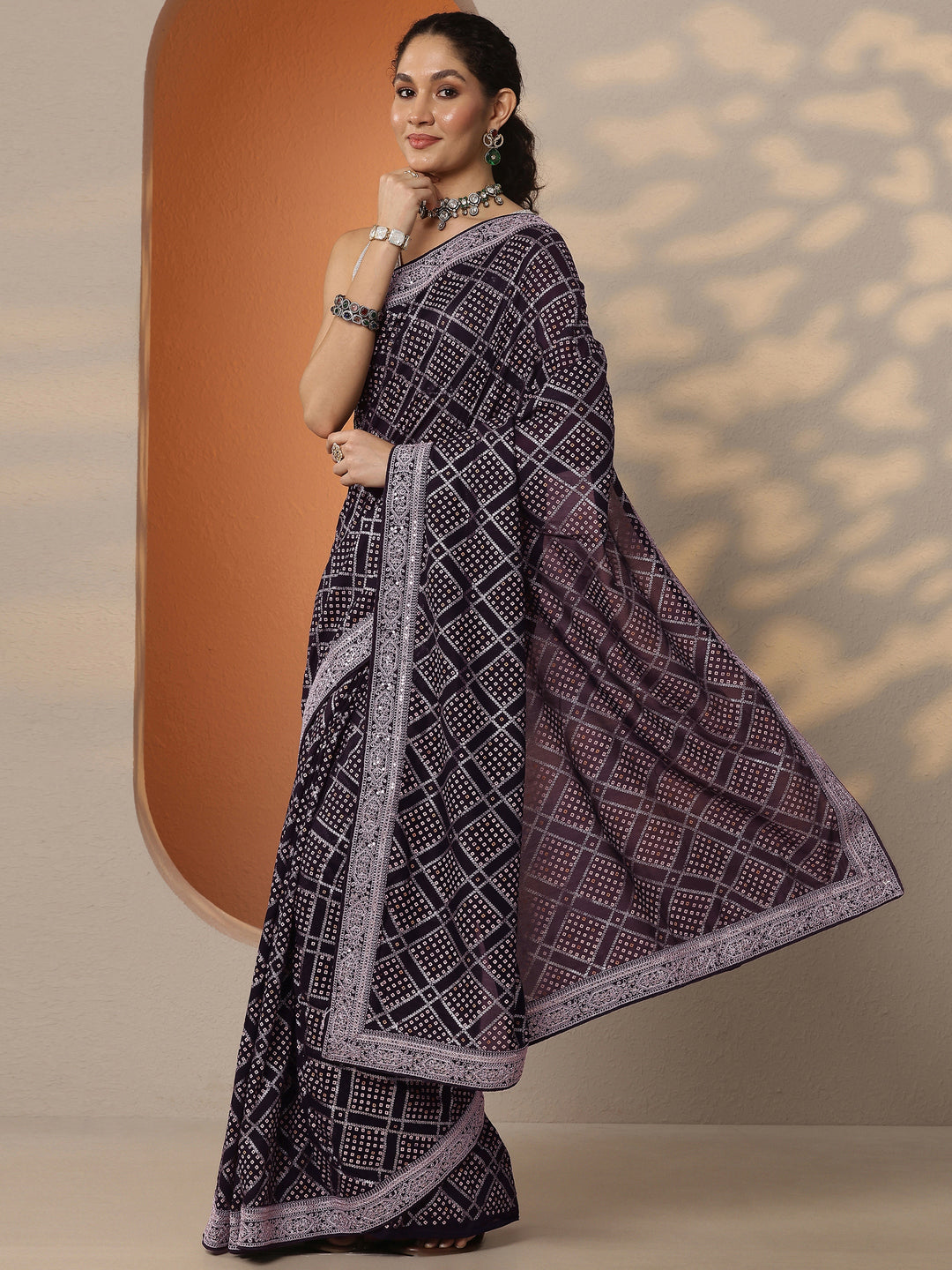  Purple Bandhani Printed Silk Blend Saree With Unstitched Blouse Piece 