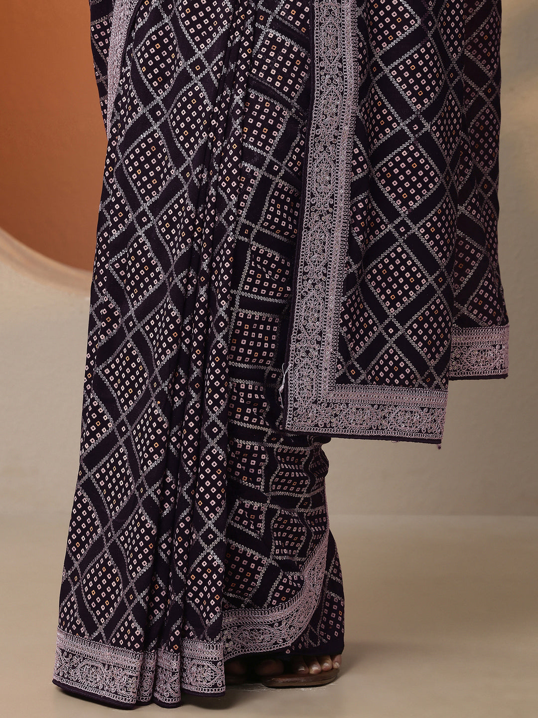  Purple Bandhani Printed Silk Blend Saree With Unstitched Blouse Piece 
