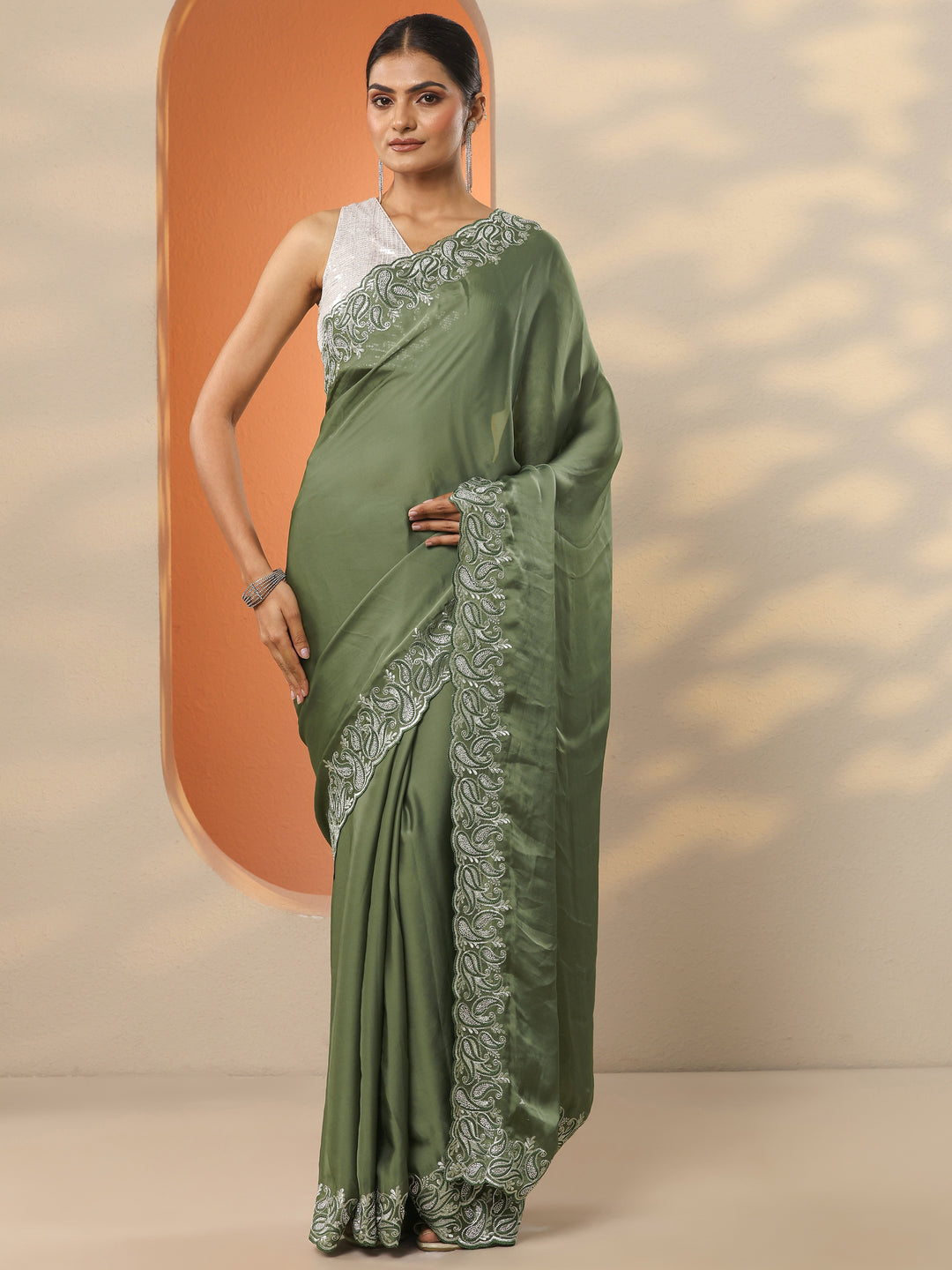  Green Solid Satin Saree With Unstitched Blouse Piece 