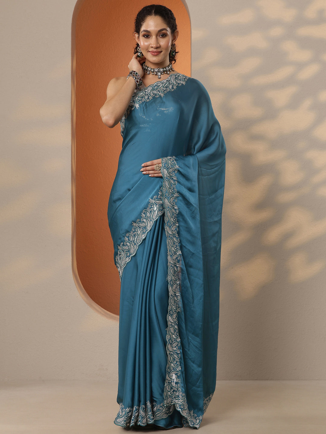  Blue Solid Satin Saree With Unstitched Blouse Piece 