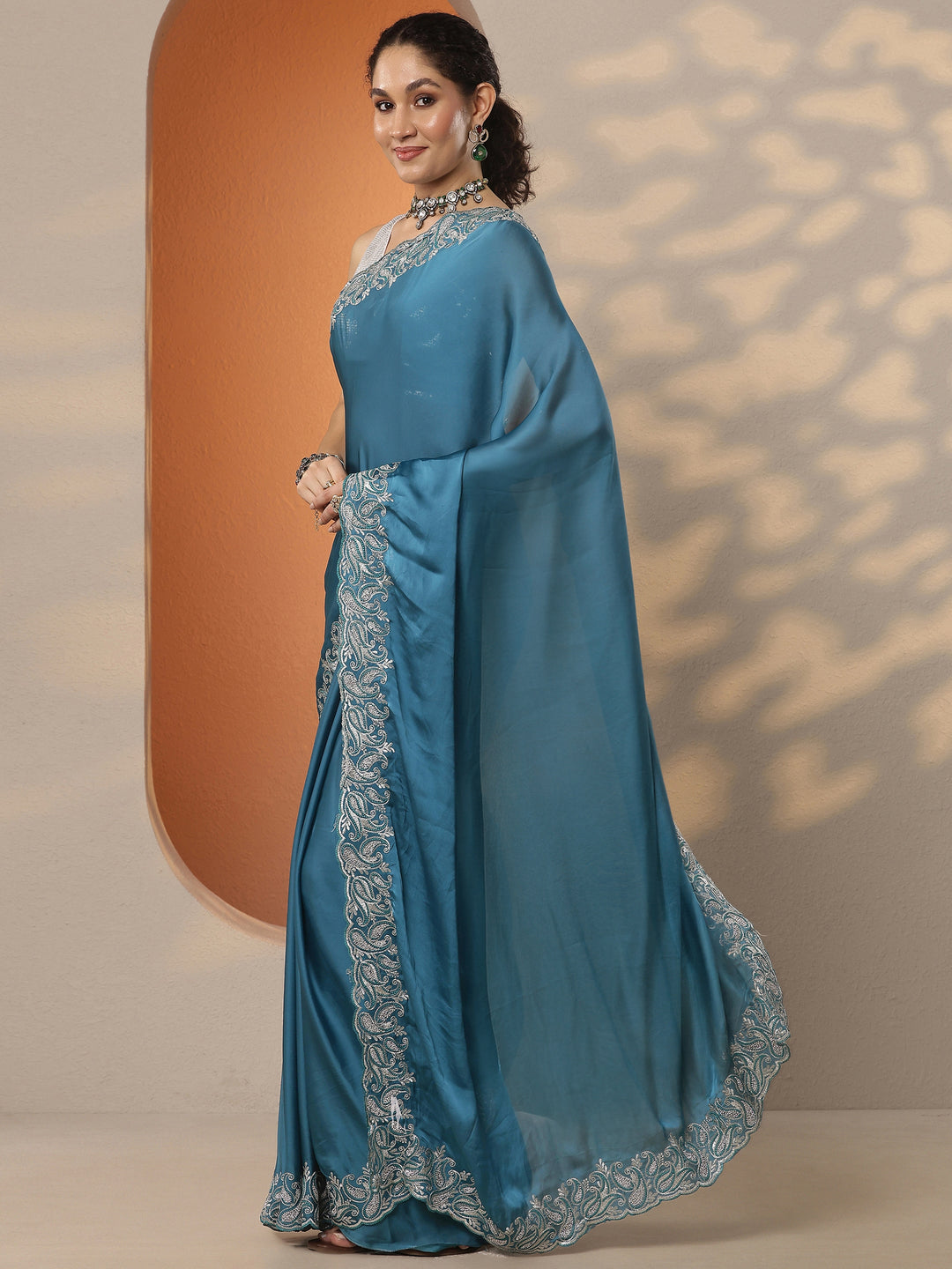  Blue Solid Satin Saree With Unstitched Blouse Piece 