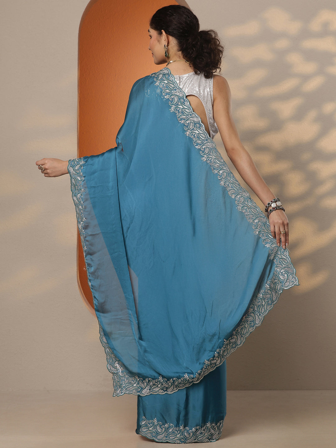  Blue Solid Satin Saree With Unstitched Blouse Piece 