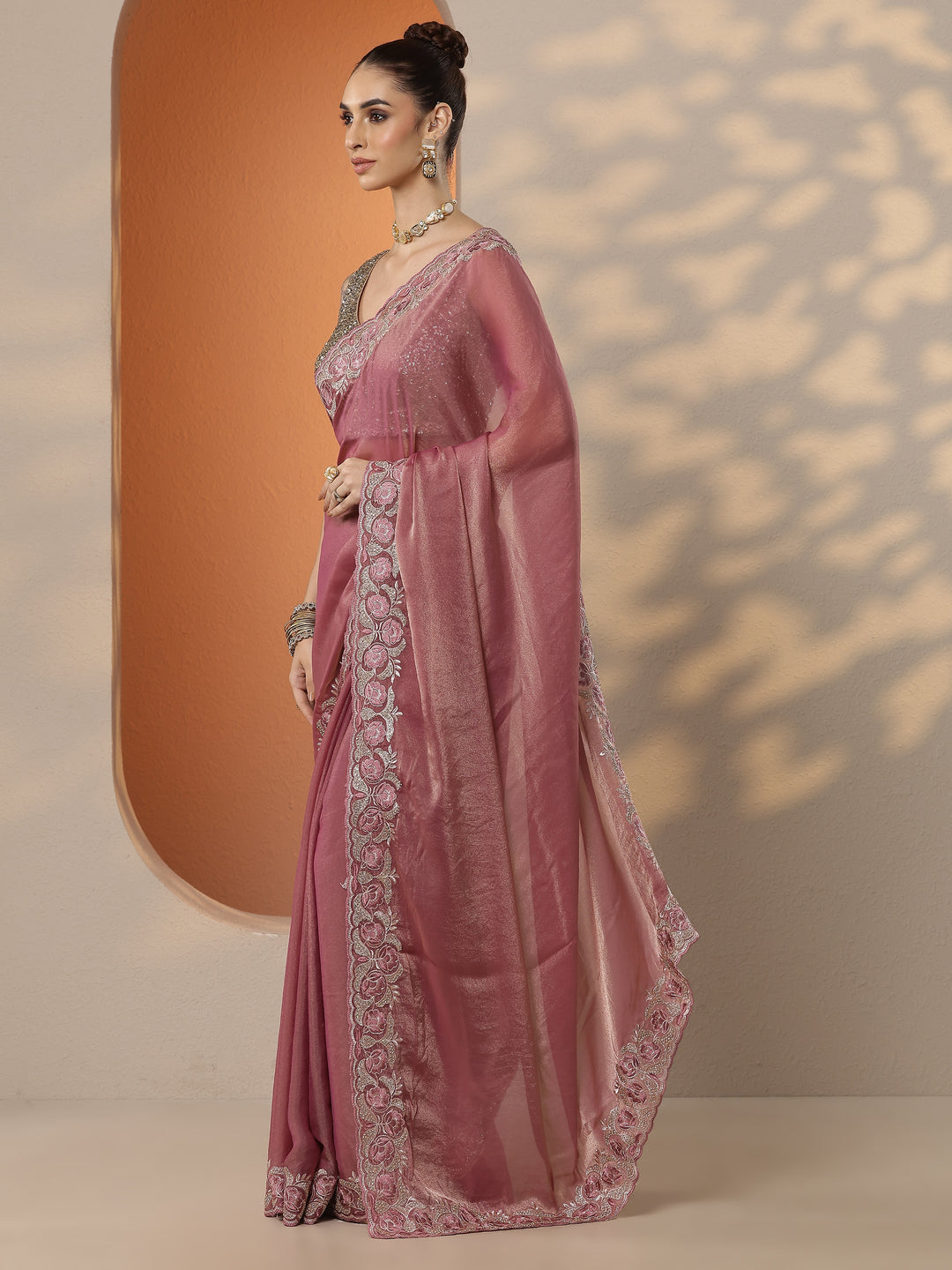  Pink Solid Organza Saree With Unstitched Blouse Piece 