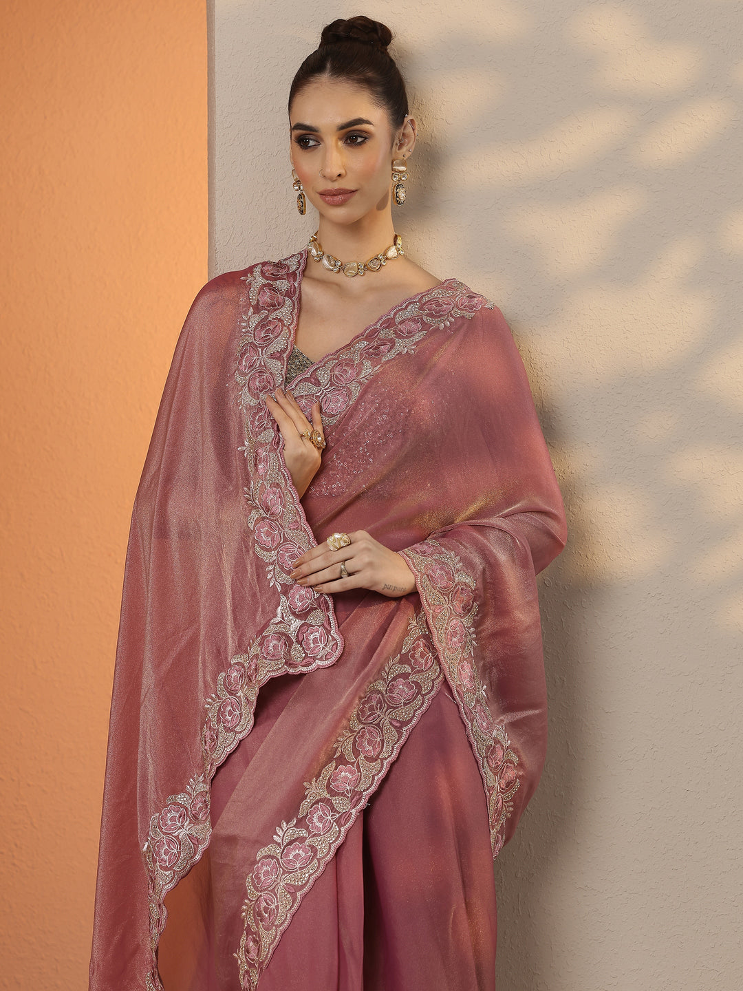  Pink Solid Organza Saree With Unstitched Blouse Piece 