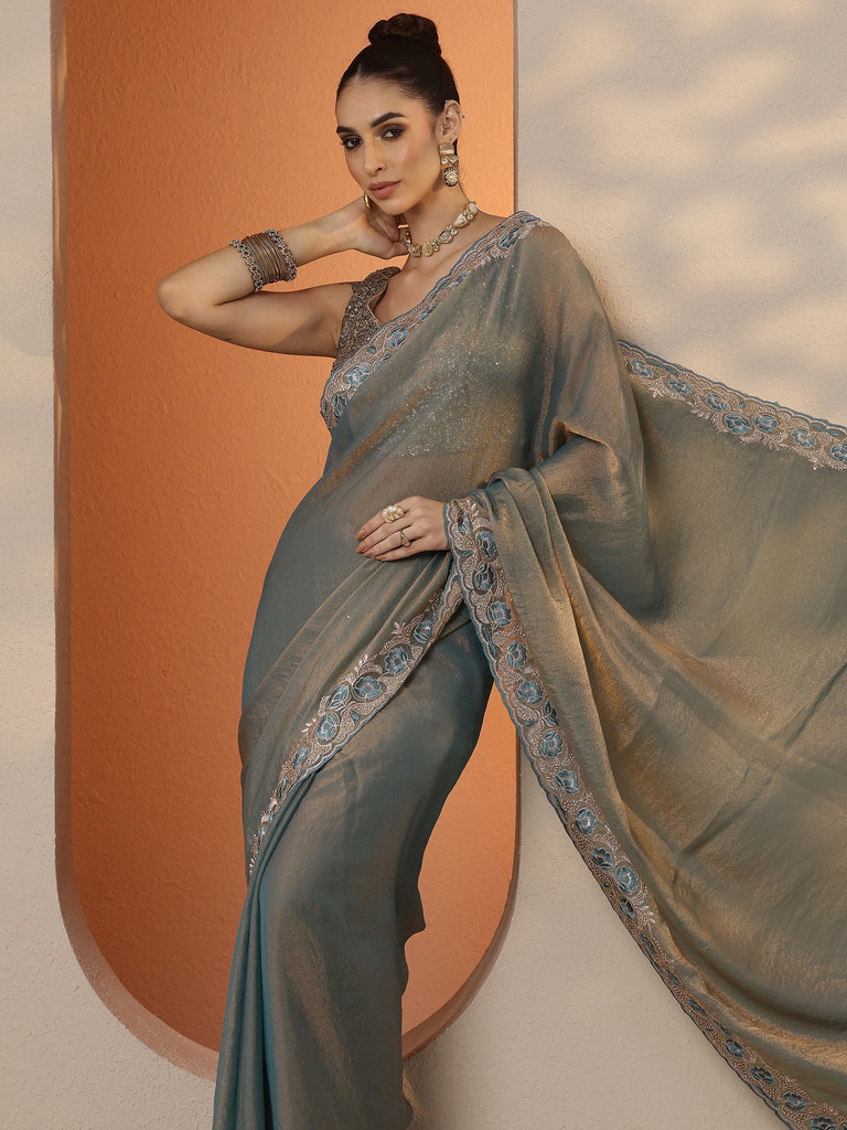 Libas Green Solid Organza Saree With Unstitched Blouse Piece