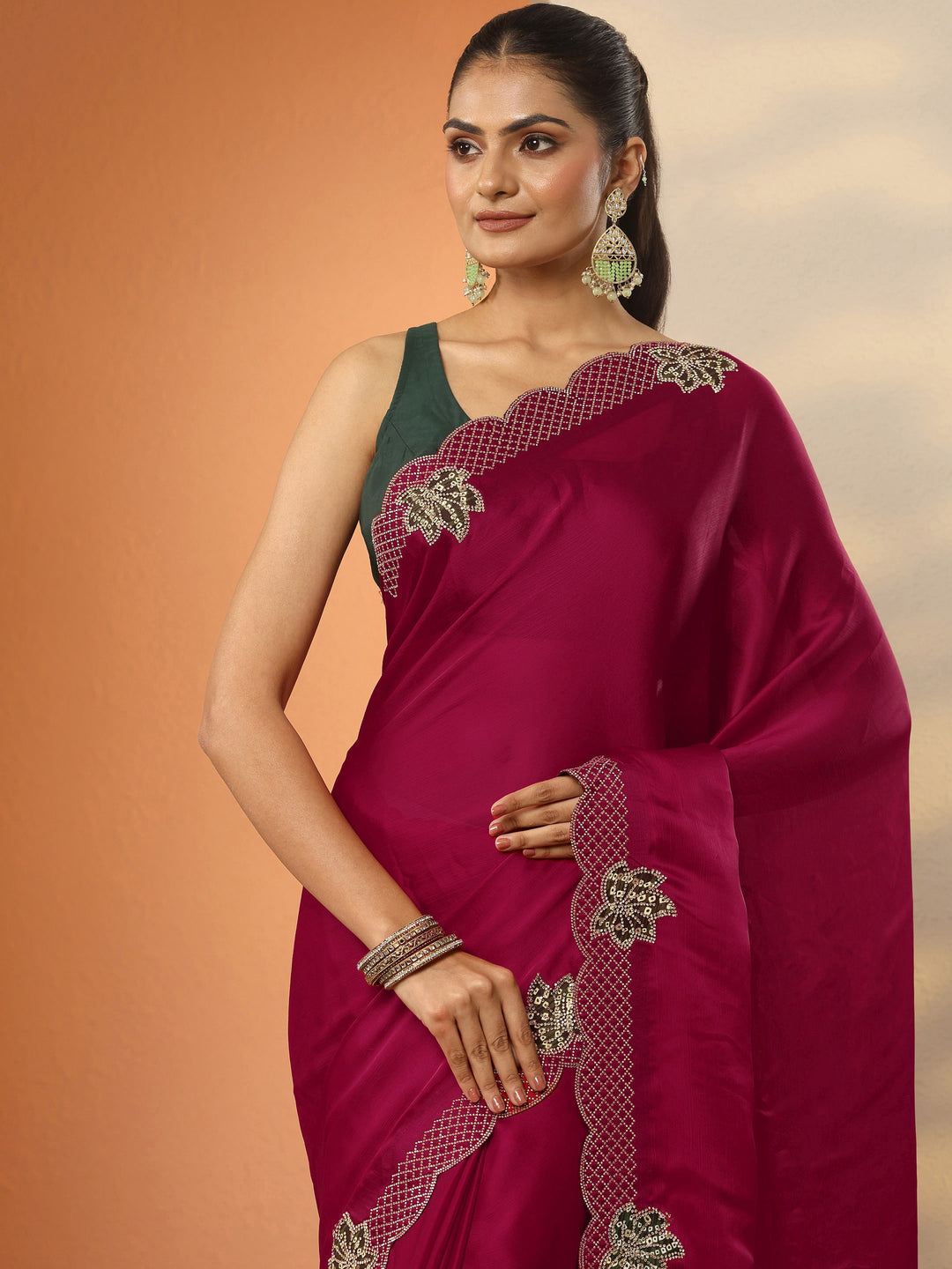  Red Solid Chiffon Saree With Unstitched Blouse Piece 
