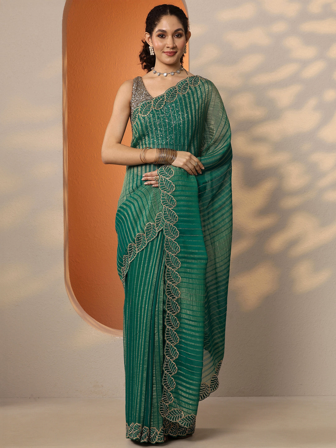  Green Embellished Chiffon Saree With Unstitched Blouse Piece 