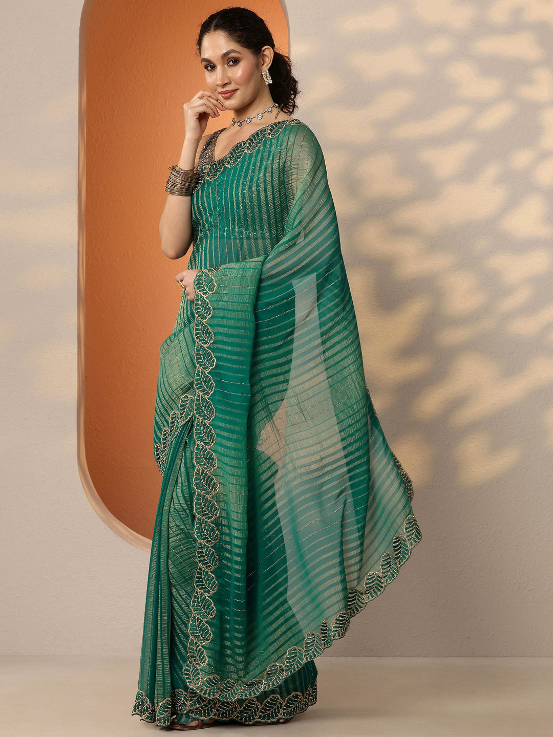  Green Embellished Chiffon Saree With Unstitched Blouse Piece 