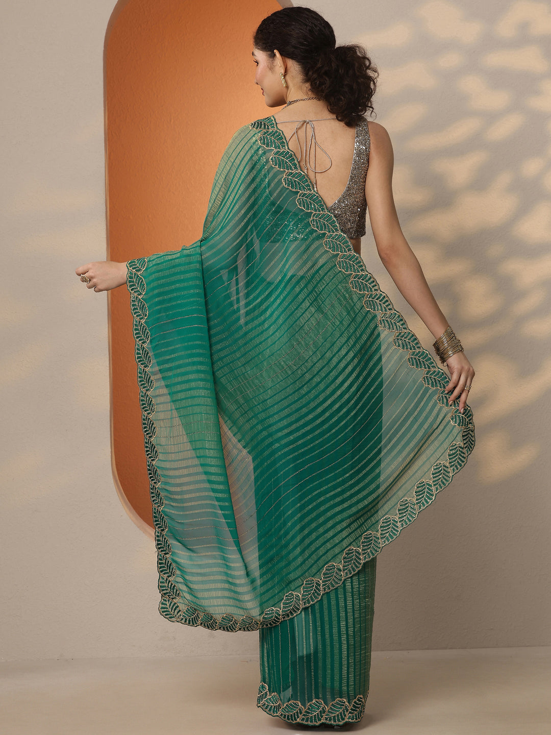  Green Embellished Chiffon Saree With Unstitched Blouse Piece 