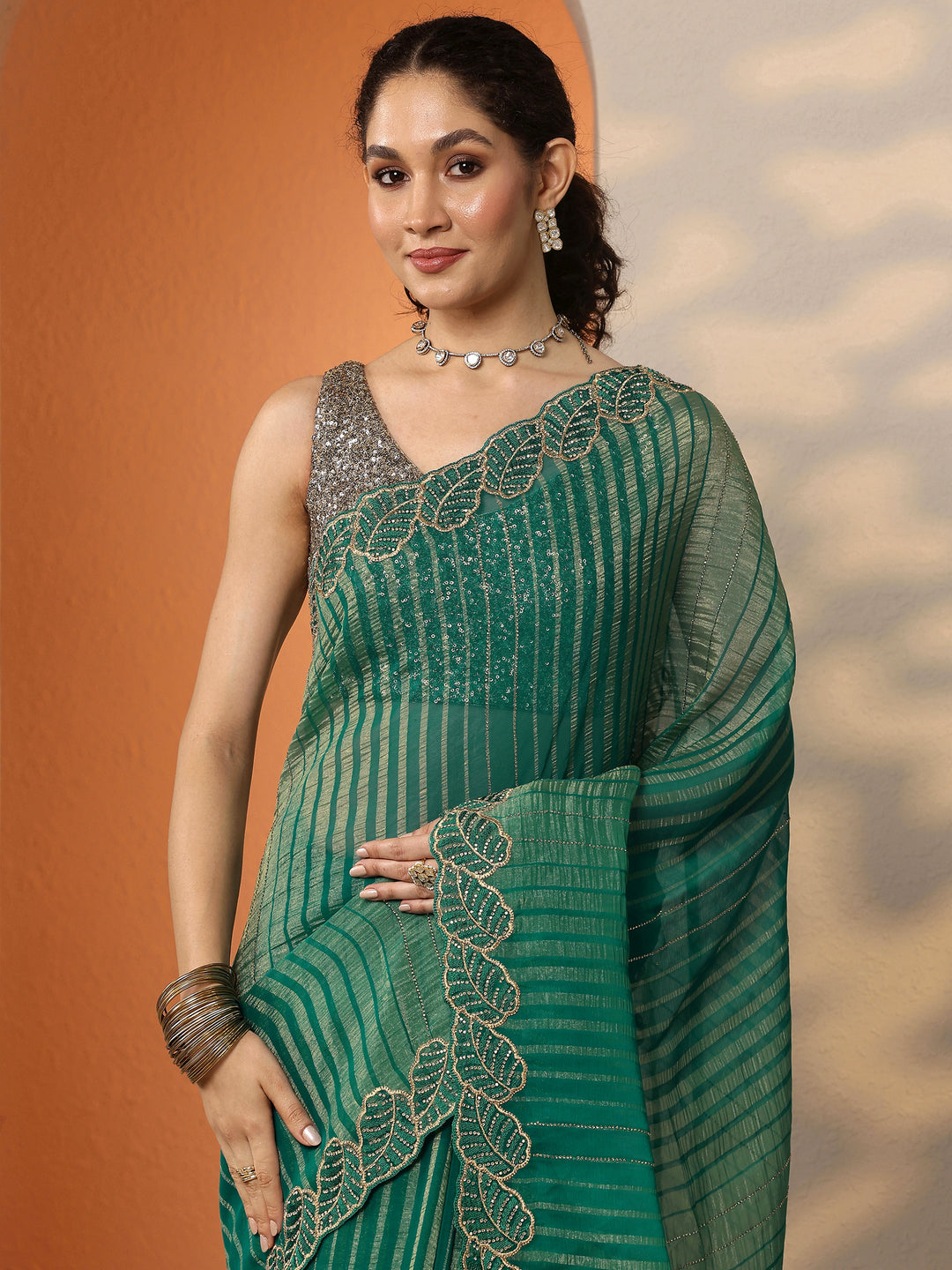  Green Embellished Chiffon Saree With Unstitched Blouse Piece 