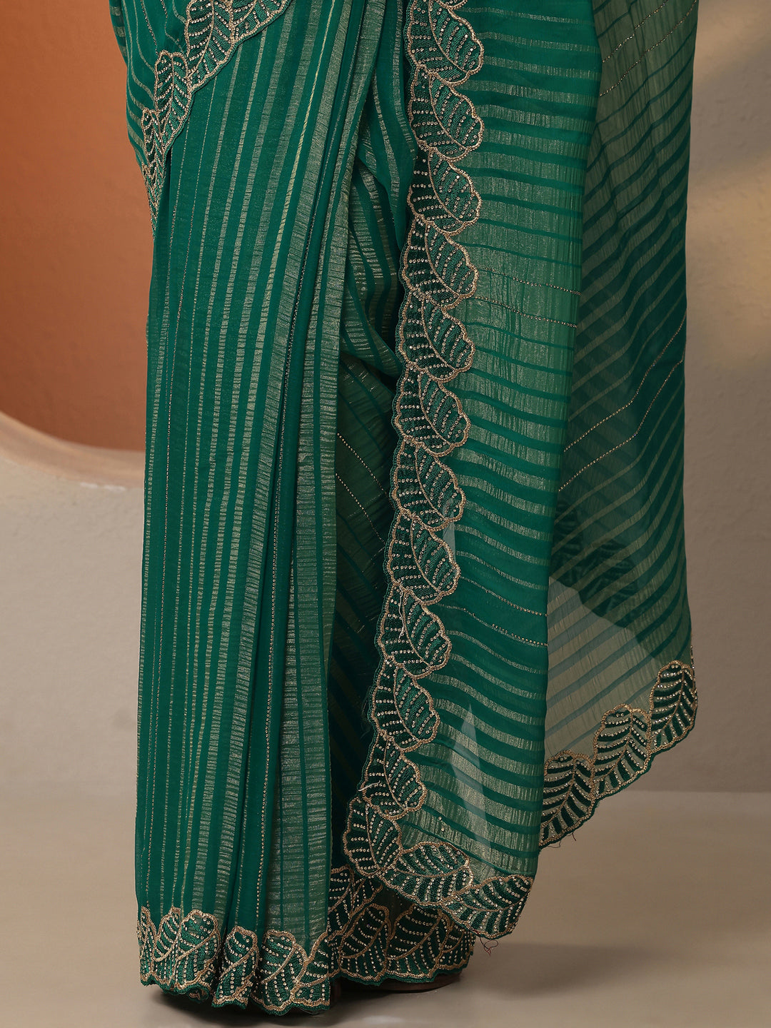  Green Embellished Chiffon Saree With Unstitched Blouse Piece 