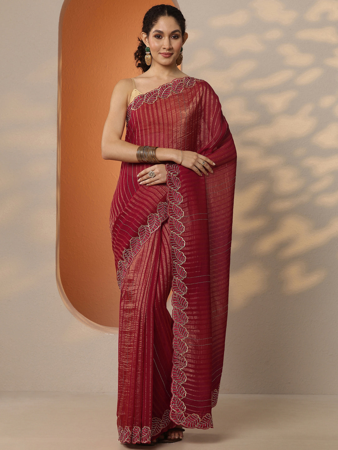  Red Embellished Chiffon Saree With Unstitched Blouse Piece 