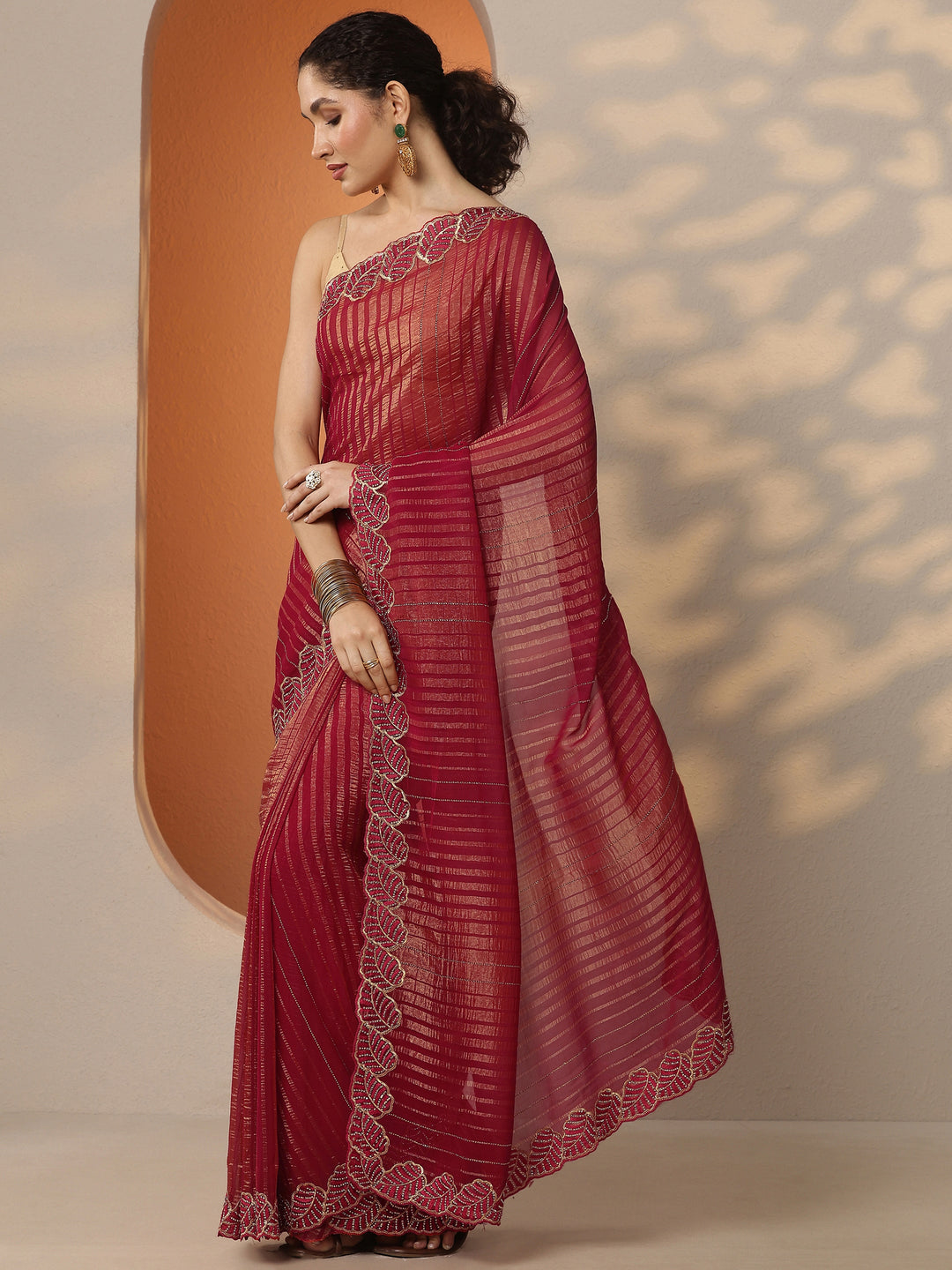  Red Embellished Chiffon Saree With Unstitched Blouse Piece 