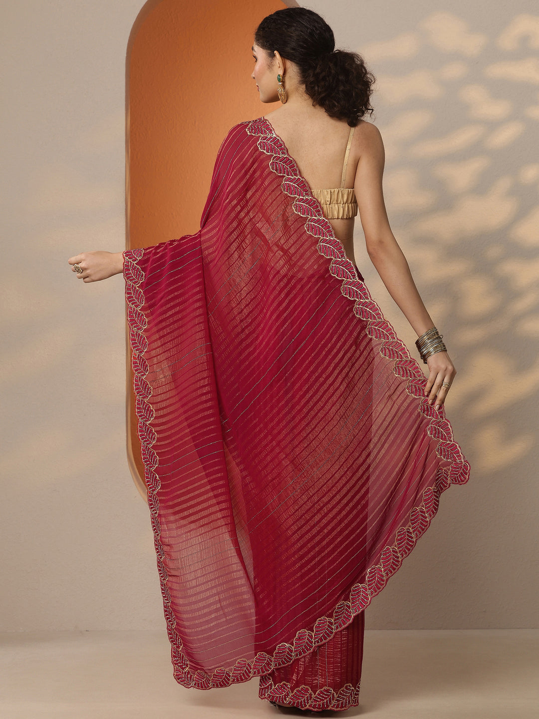  Red Embellished Chiffon Saree With Unstitched Blouse Piece 