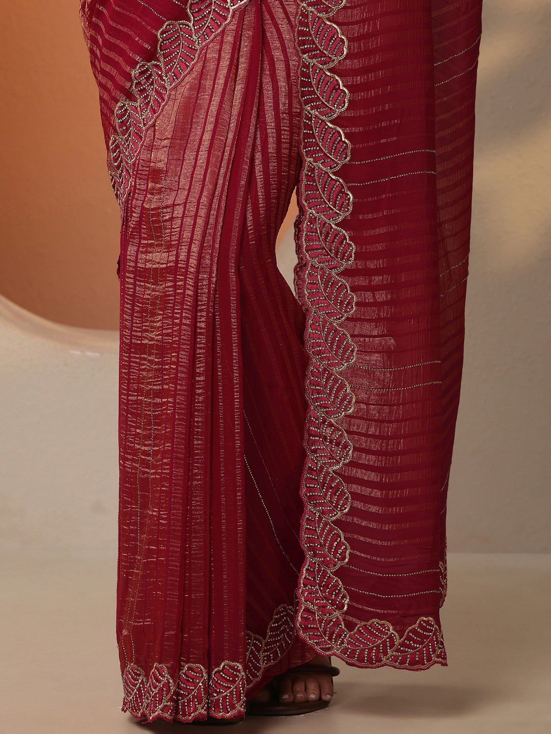  Red Embellished Chiffon Saree With Unstitched Blouse Piece 