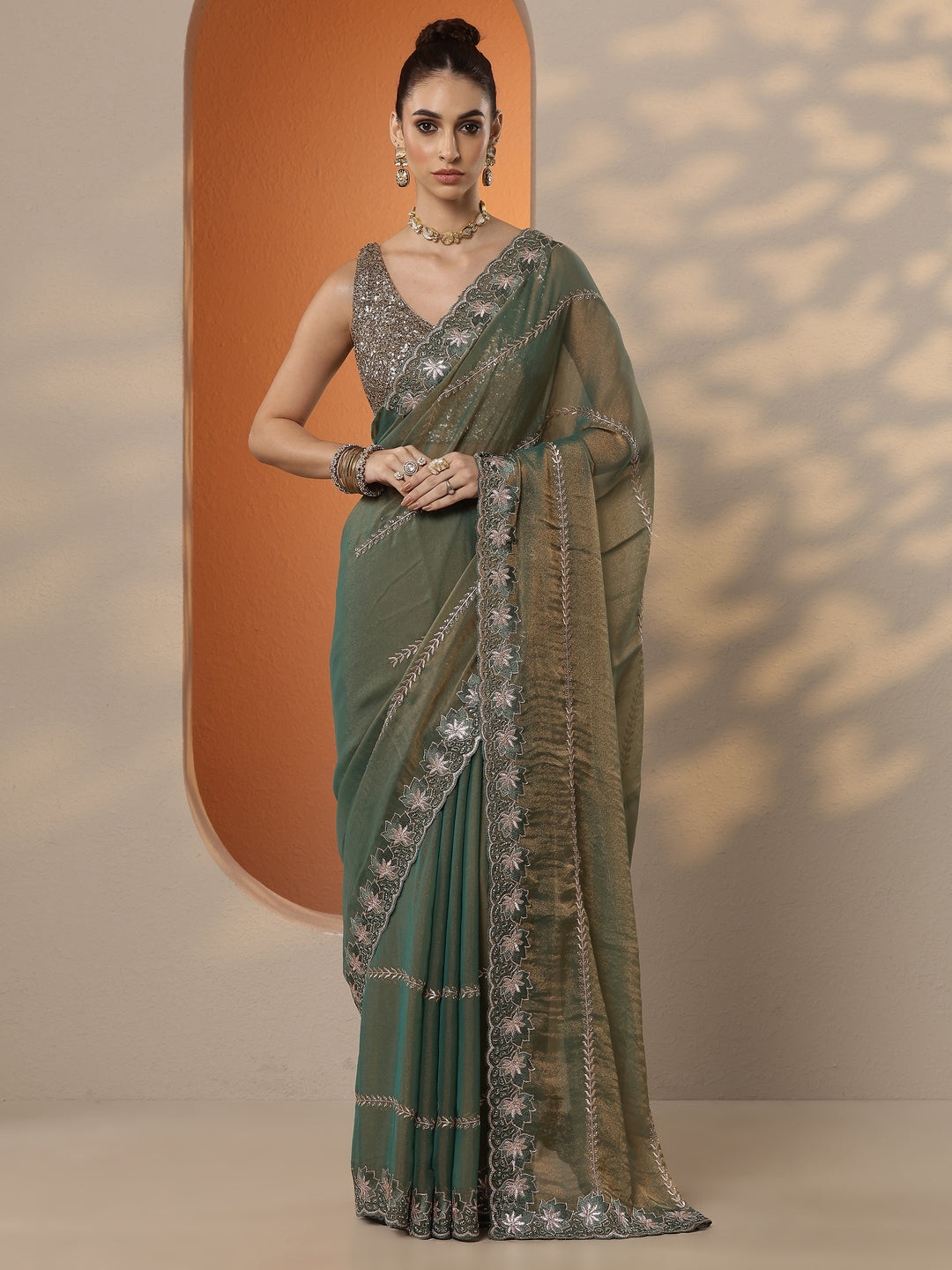  Green Embellished Organza Saree With Unstitched Blouse Piece 