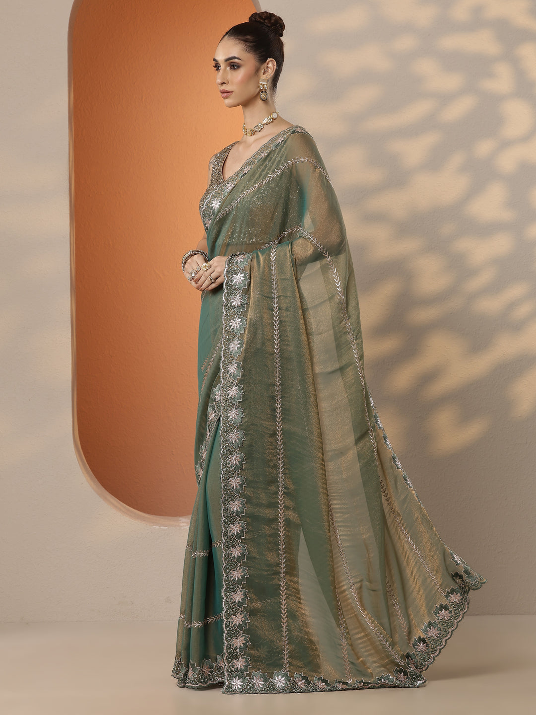  Green Embellished Organza Saree With Unstitched Blouse Piece 