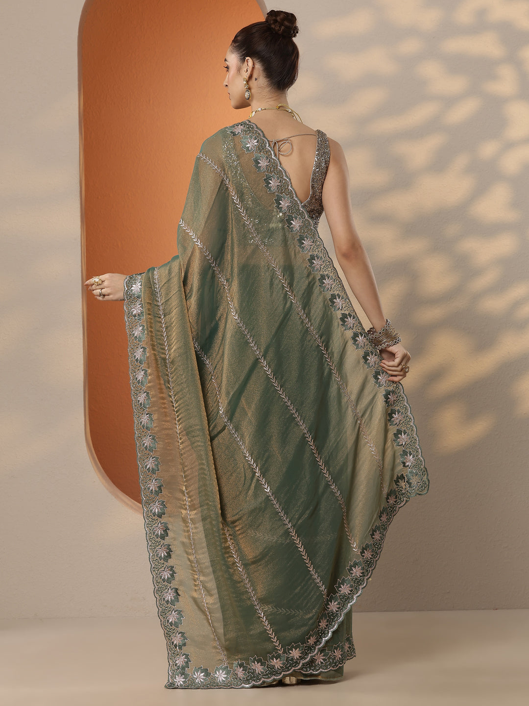  Green Embellished Organza Saree With Unstitched Blouse Piece 