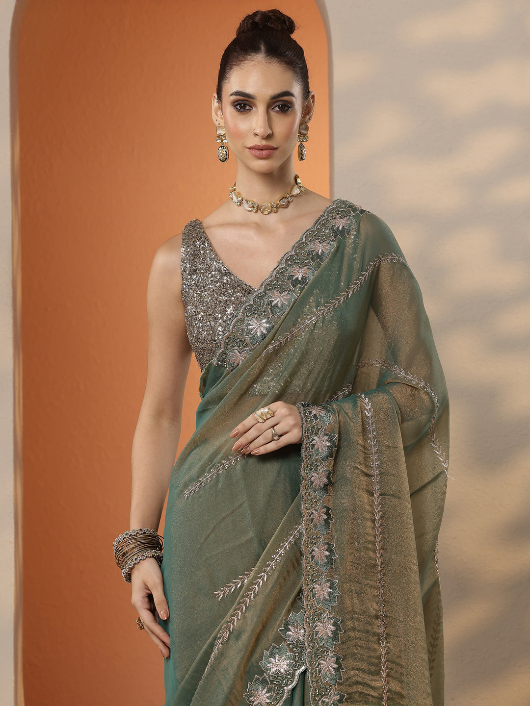  Green Embellished Organza Saree With Unstitched Blouse Piece 