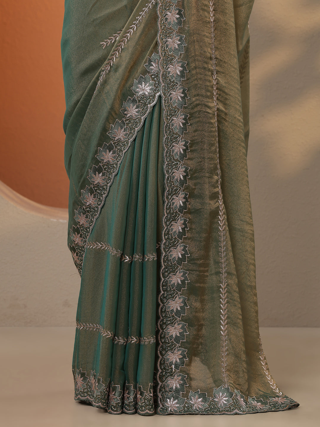  Green Embellished Organza Saree With Unstitched Blouse Piece 