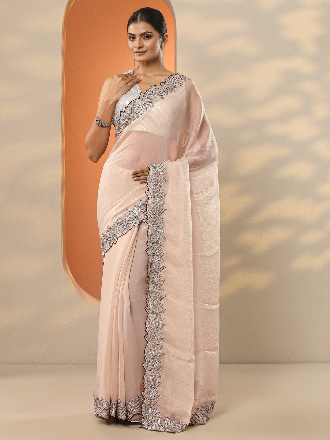 Beige Solid Organza Saree With Unstitched Blouse Piece 