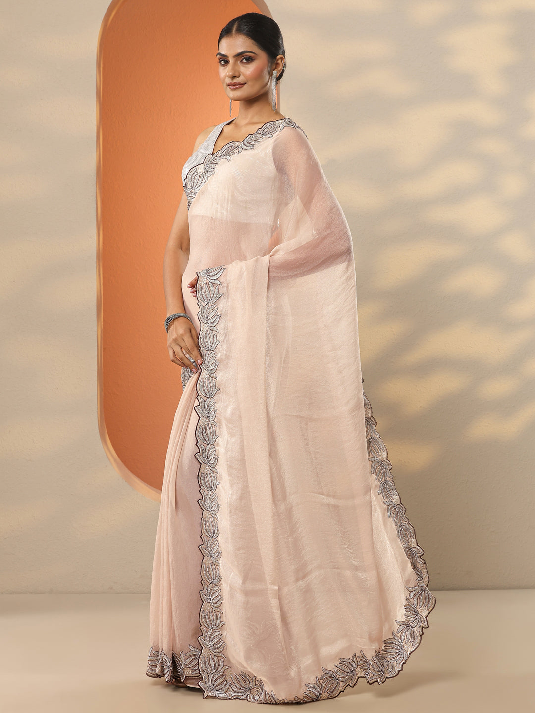  Beige Solid Organza Saree With Unstitched Blouse Piece 