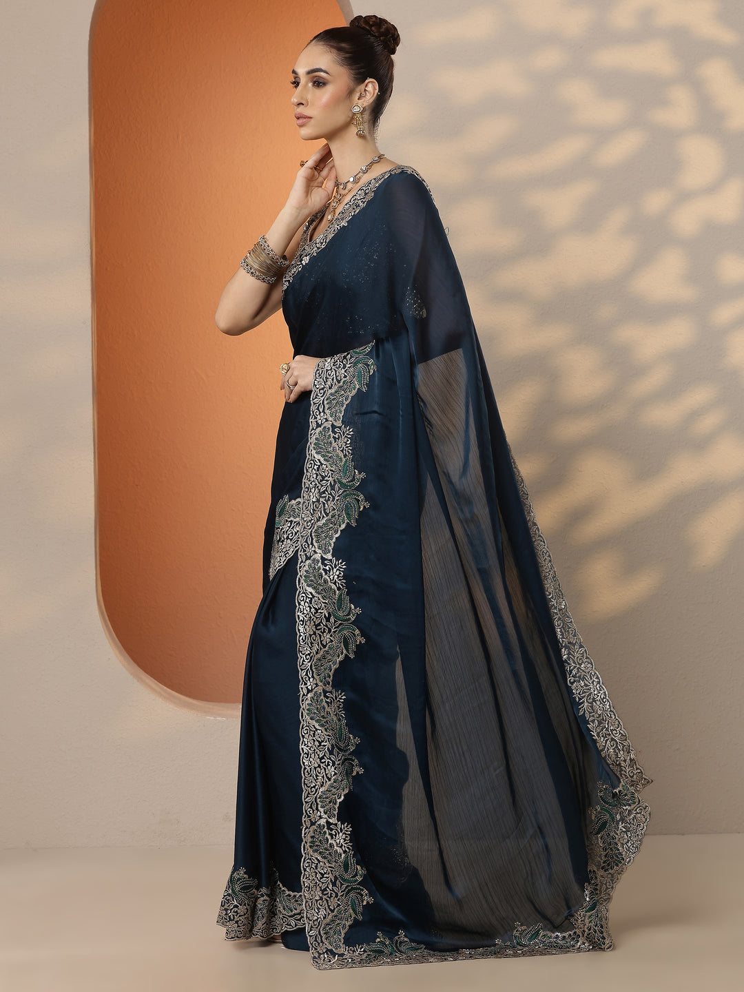  Navy Blue Solid Chiffon Saree With Unstitched Blouse Piece 