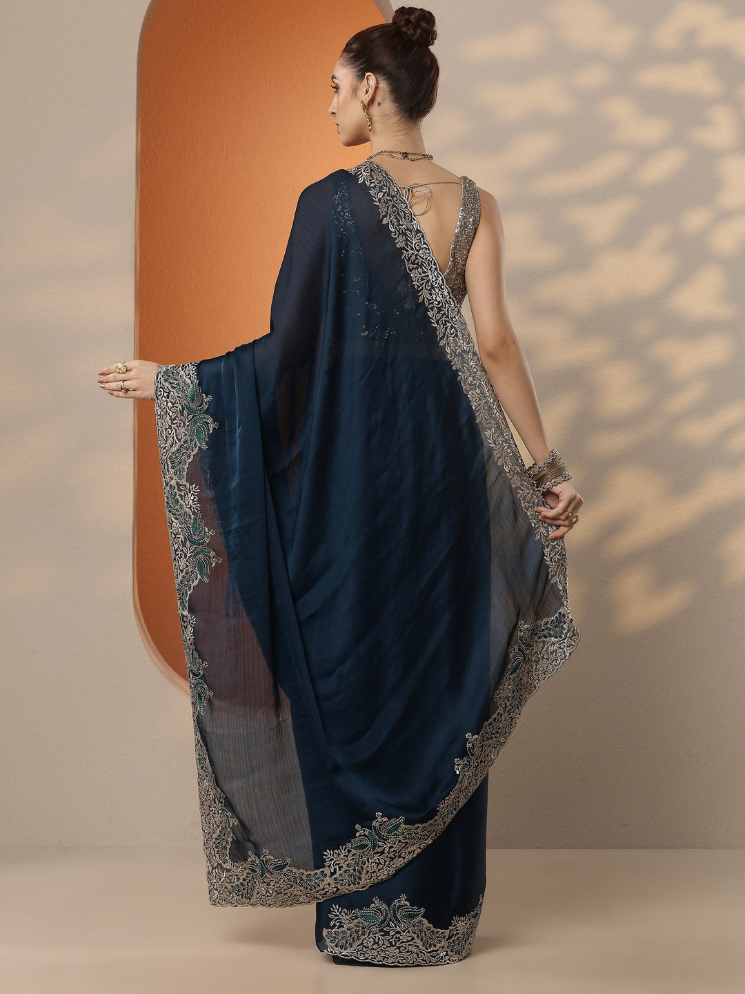  Navy Blue Solid Chiffon Saree With Unstitched Blouse Piece 