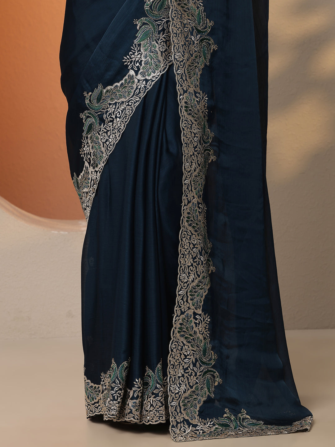  Navy Blue Solid Chiffon Saree With Unstitched Blouse Piece 