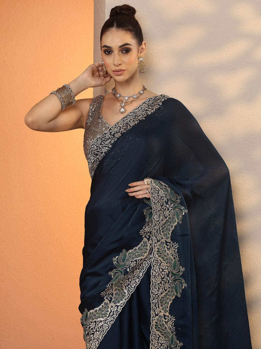  Navy Blue Solid Chiffon Saree With Unstitched Blouse Piece 
