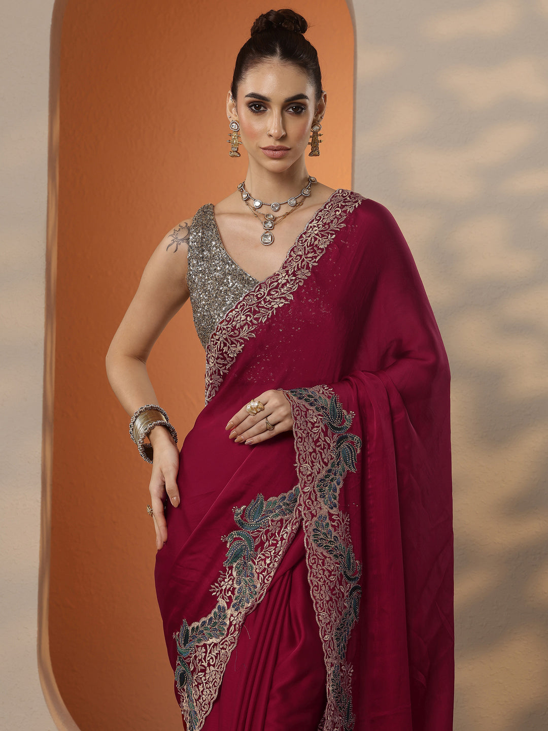  Red Solid Chiffon Saree With Unstitched Blouse Piece 