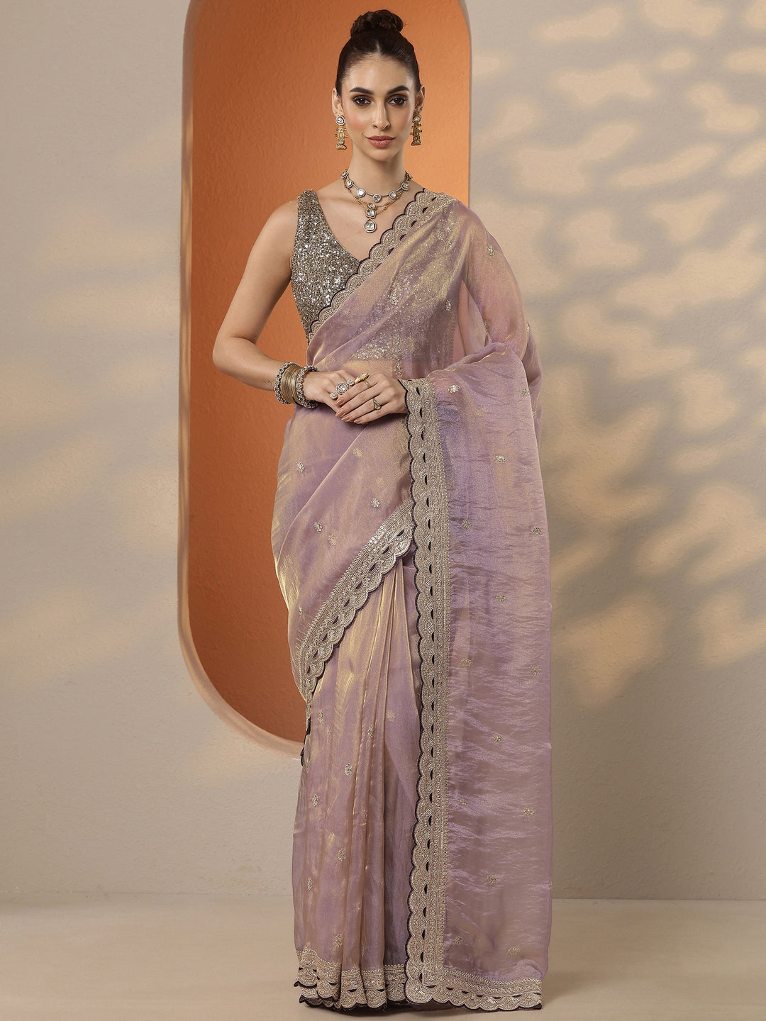  Lavender Embroidered Organza Saree With Unstitched Blouse Piece 