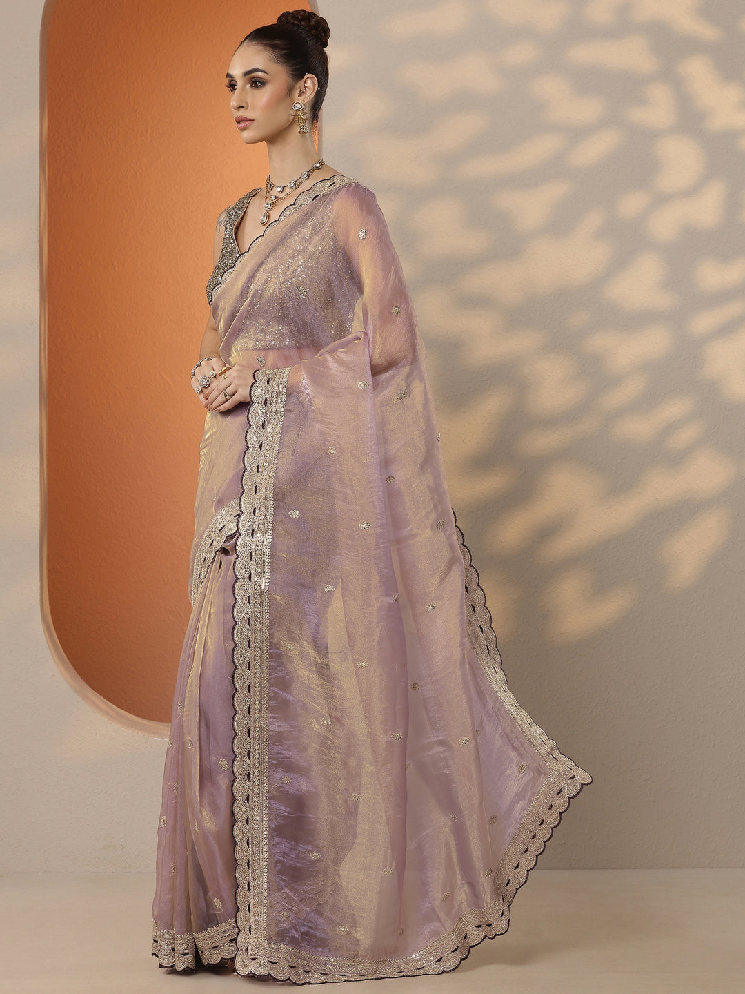  Lavender Embroidered Organza Saree With Unstitched Blouse Piece 