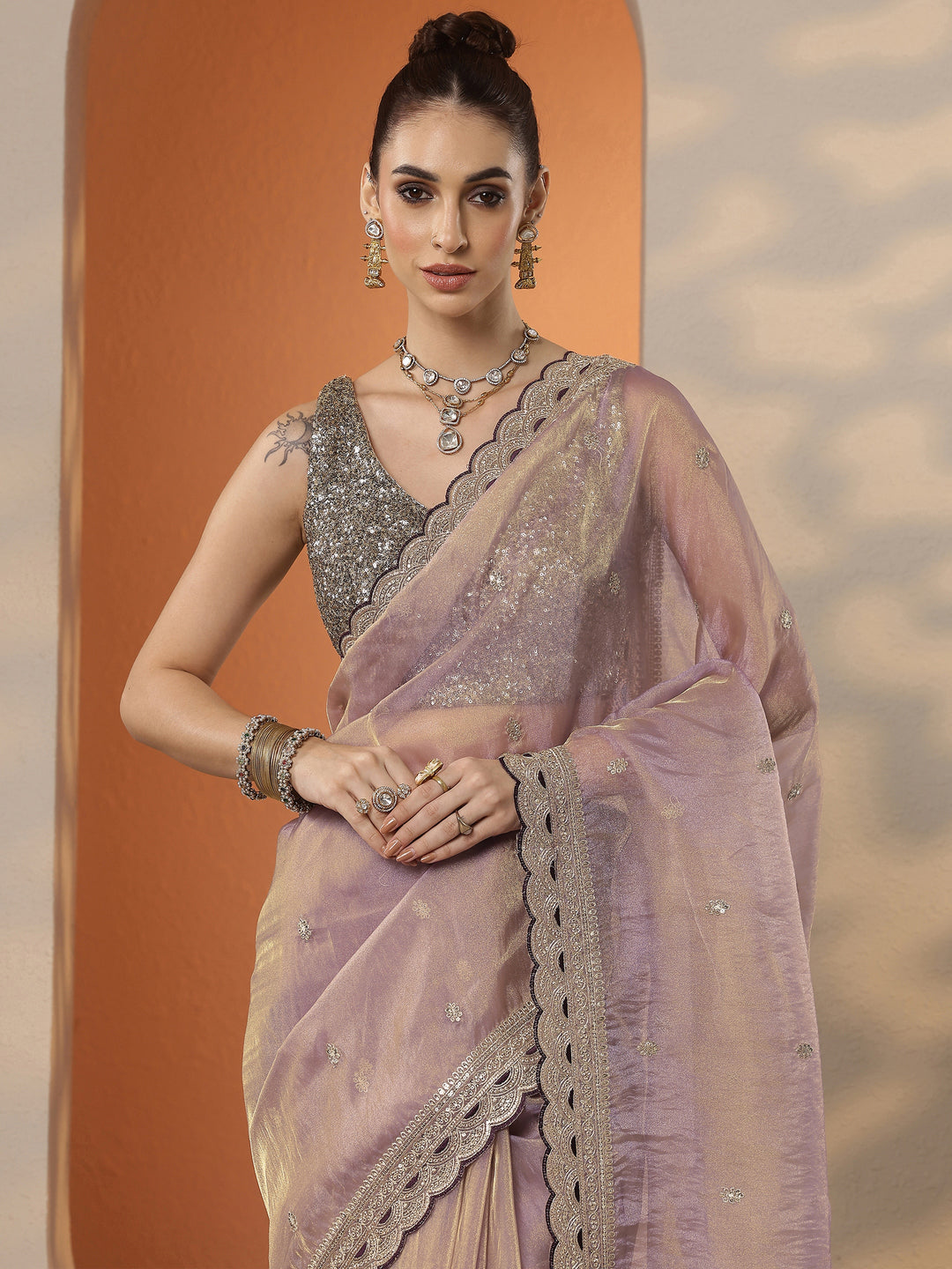  Lavender Embroidered Organza Saree With Unstitched Blouse Piece 