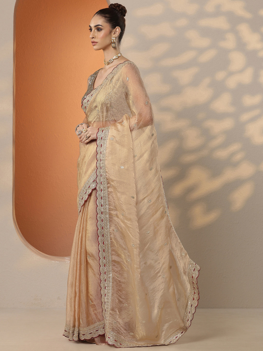  Beige Embroidered Organza Saree With Unstitched Blouse Piece 