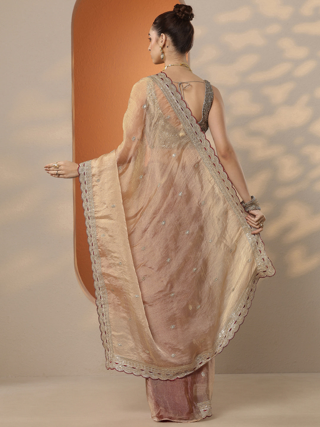  Beige Embroidered Organza Saree With Unstitched Blouse Piece 
