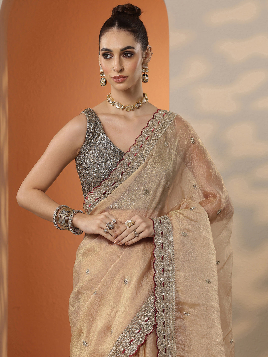  Beige Embroidered Organza Saree With Unstitched Blouse Piece 