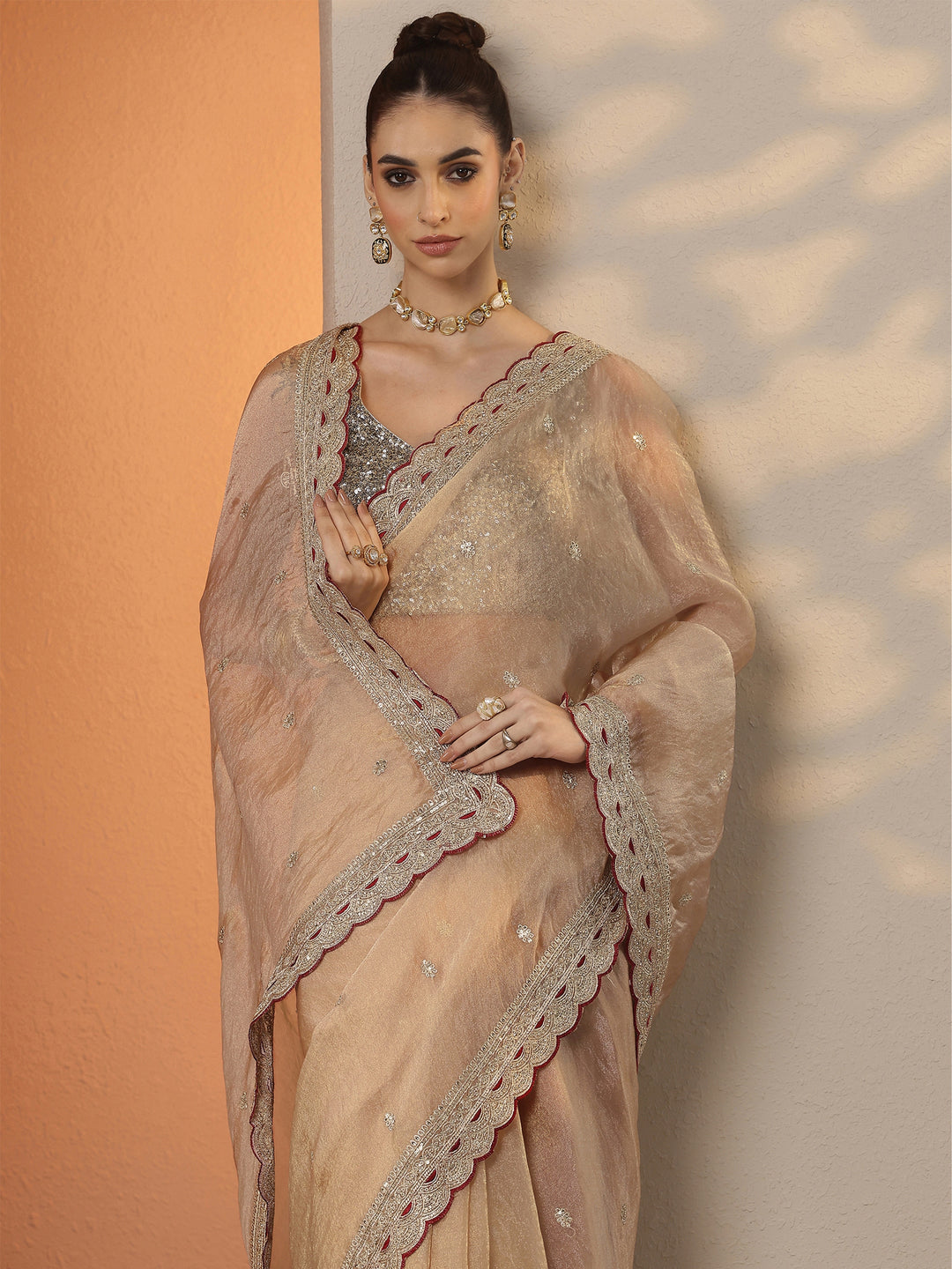 Beige Embroidered Organza Saree With Unstitched Blouse Piece