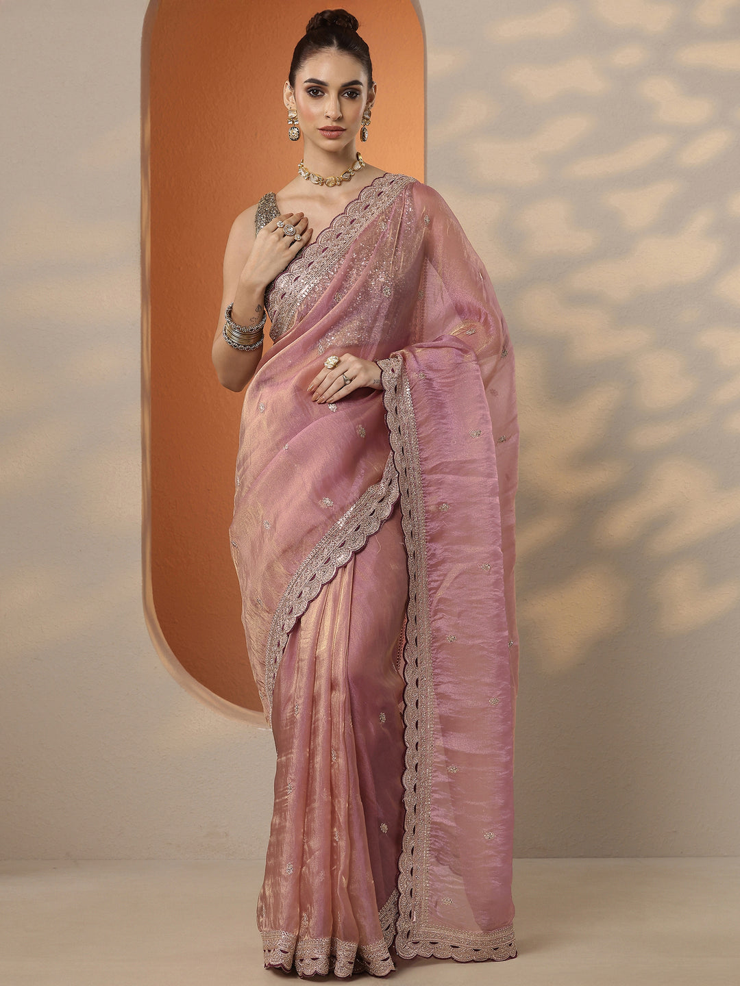  Pink Embroidered Organza Saree With Unstitched Blouse Piece 