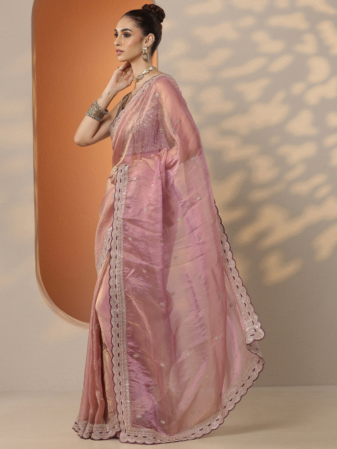  Pink Embroidered Organza Saree With Unstitched Blouse Piece 
